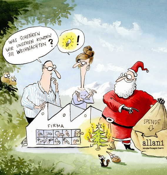 Karikatur "Was schenken wir unseren Kunden zu Weihnachten?"